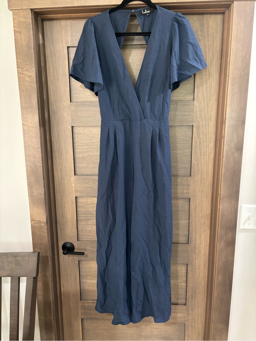 Lulu's Deep Blue V-Neck Flutter Sleeve Maxi Dress